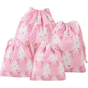 LYDZTION 4pcs Floral Drawstring Makeup Bags Pouches For Purse, Small Canvas Cloth Gift Bags Pouch For Cosmetics Jewerlry Home Travel Storage,Rose Bow