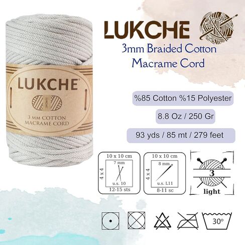 Braided Macrame Cord 3mm x 93yards (279 Feet), Cotton Macrame Cord, Colored Rope, Macrame Yarn, Colored Craft Rope for Wall Hanging, Plant Hangers, Crafts, for Knitting (White 3mm) 1 in Kuwait