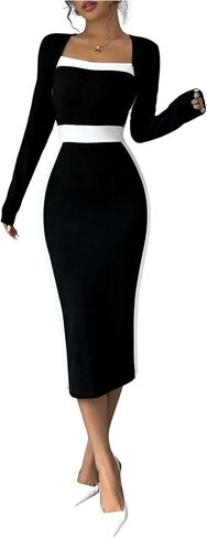 SOLY HUX Women's Midi Dress Color Block Square Neck Long Sleeve Bodycon Dresses in Saudi Arabia