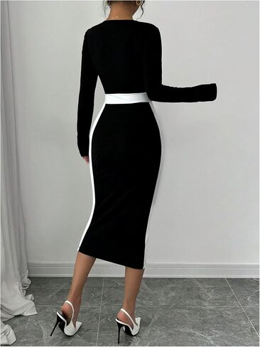 SOLY HUX Women's Midi Dress Color Block Square Neck Long Sleeve Bodycon Dresses in Saudi Arabia