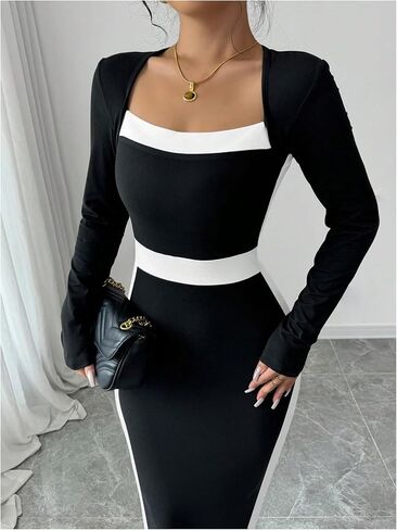 SOLY HUX Women's Midi Dress Color Block Square Neck Long Sleeve Bodycon Dresses in Saudi Arabia