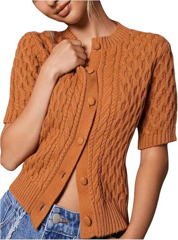 GORGLITTER Women's Button Down Crop Knitted Cardigan Short Sleeve Crew Neck Sweater Outerwear in Saudi Arabia