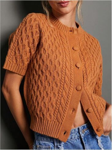GORGLITTER Women's Button Down Crop Knitted Cardigan Short Sleeve Crew Neck Sweater Outerwear in Saudi Arabia