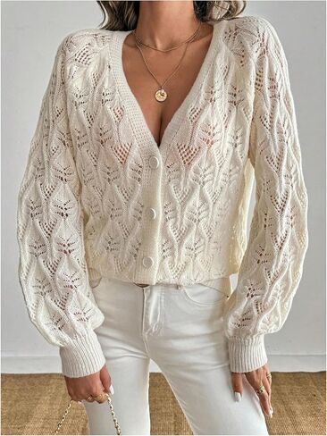 GORGLITTER Women's Crochet Cardigan Long Sleeve Button Down Sweater Cardigans in Saudi Arabia