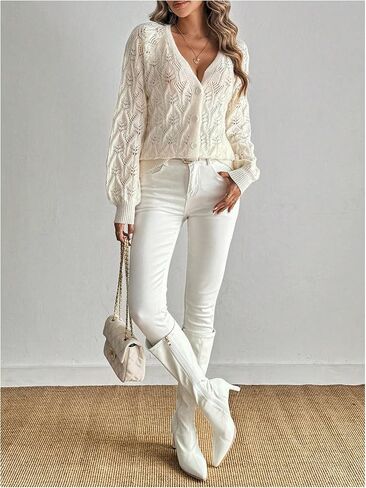 GORGLITTER Women's Crochet Cardigan Long Sleeve Button Down Sweater Cardigans in Saudi Arabia