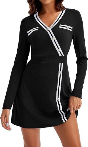 Saodimallsu Womens V Neck Sweater Dress Long Sleeve Color Block Button Knit Fall Slim Fit Bodycon Mini Dresses in Saudi Arabia