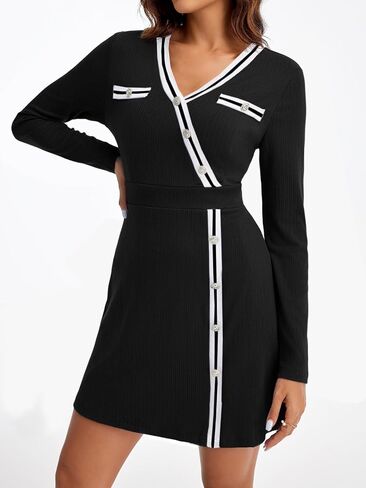 Saodimallsu Womens V Neck Sweater Dress Long Sleeve Color Block Button Knit Fall Slim Fit Bodycon Mini Dresses in Saudi Arabia