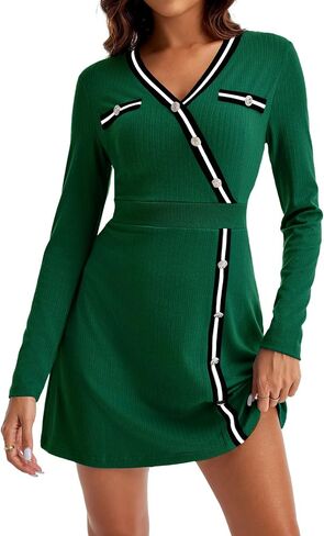 Saodimallsu Womens V Neck Sweater Dress Long Sleeve Color Block Button Knit Fall Slim Fit Bodycon Mini Dresses in Saudi Arabia
