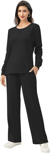 EYZH Travel Outfits for Women 2 Piece Sets, Womens Lounge Set Long Sleeve Crewneck,Side Slit Travel Set Womens Clothing Fall in Kuwait