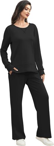 EYZH Travel Outfits for Women 2 Piece Sets, Womens Lounge Set Long Sleeve Crewneck,Side Slit Travel Set Womens Clothing Fall in Kuwait