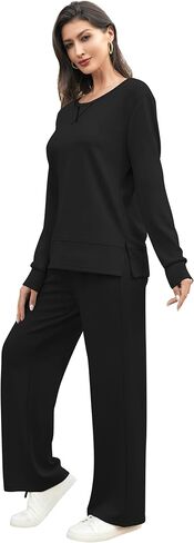 EYZH Travel Outfits for Women 2 Piece Sets, Womens Lounge Set Long Sleeve Crewneck,Side Slit Travel Set Womens Clothing Fall in Kuwait