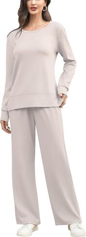 EYZH Travel Outfits for Women 2 Piece Sets, Womens Lounge Set Long Sleeve Crewneck,Side Slit Travel Set Womens Clothing Fall in Kuwait