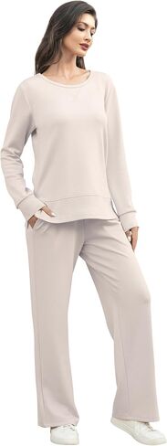 EYZH Travel Outfits for Women 2 Piece Sets, Womens Lounge Set Long Sleeve Crewneck,Side Slit Travel Set Womens Clothing Fall in Kuwait