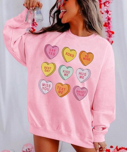 سويت شيرت نسائي لعيد الحب Love Heart XOXO مضحك للمحادثة على شكل قلب قميص علوي بياقة دائرية ملابس كبيرة الحجم (وردي، كبير) in Kuwait