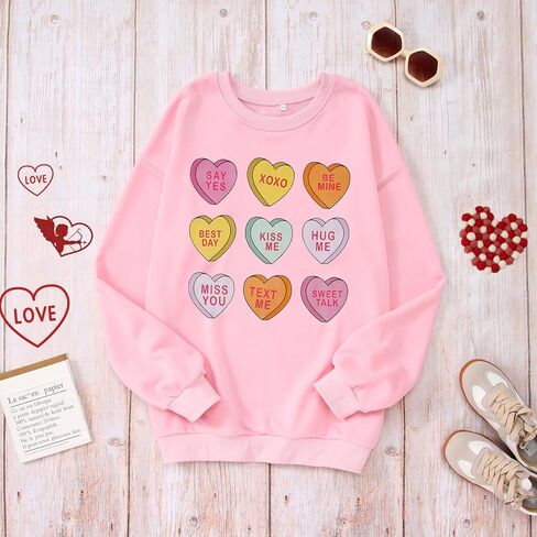 سويت شيرت نسائي لعيد الحب Love Heart XOXO مضحك للمحادثة على شكل قلب قميص علوي بياقة دائرية ملابس كبيرة الحجم (وردي، كبير) in Kuwait