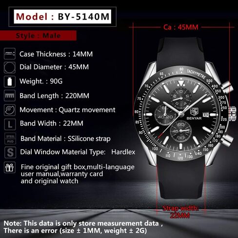 BENYAR Fashion Men's Quartz Chronograph Waterproof Silicone Watches Business Casual Sport Design Wrist Watch for Men Perfect for Father Son Black Blue Rose Gold in Saudi Arabia