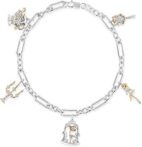 مجوهرات ديزني الساحرة من Jewelili من الفضة الإسترليني والذهب الأصفر عيار 10 قيراط 1/6 Cttw من الألماس المستدير الأبيض الطبيعي Belle 30th Charm in Kuwait