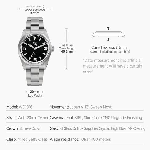 watchdives VH31 Quartz Watch, WD1016 Men Watches 37mm Dial Stainless Steel Wristwatch Sweep Sports Watch 100M Waterproof in Saudi Arabia