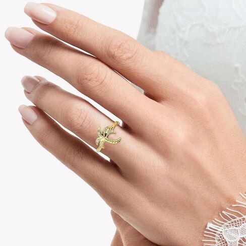 مجوهرات Vanbelle مطلية بالذهب عيار 18 قيراط - خاتم شجرة النخيل على شكل شاطئ قابل للتعديل مع حجر زركونيا مكعب - خاتم أنيق مصنوع يدويًا للنساء in Kuwait