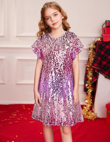 فساتين GRACE KARIN للفتيات ذات الأكمام المرفرفة والترتر للأطفال ورقبة دائرية لامعة وحفلات رسمية مع فيونكة شعر من 5 إلى 12 سنة in Kuwait