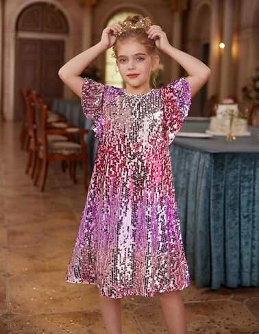 فساتين GRACE KARIN للفتيات ذات الأكمام المرفرفة والترتر للأطفال ورقبة دائرية لامعة وحفلات رسمية مع فيونكة شعر من 5 إلى 12 سنة in Kuwait