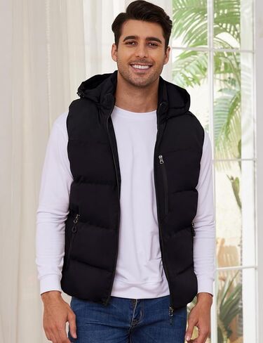 Gihuo Mens Winter Puffer Vest Color Block Hooded Sleeveless Quilted Jacket Zip Up Padded Coats Outerwear in Kuwait