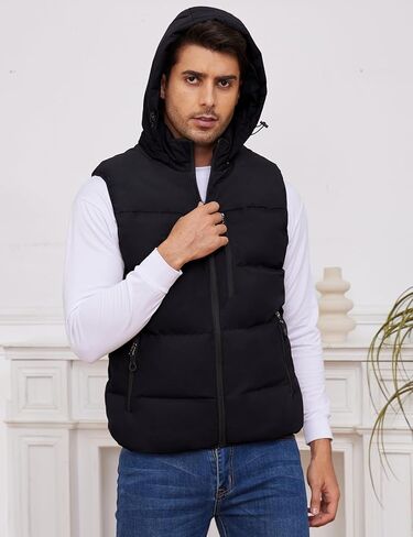 Gihuo Mens Winter Puffer Vest Color Block Hooded Sleeveless Quilted Jacket Zip Up Padded Coats Outerwear in Kuwait