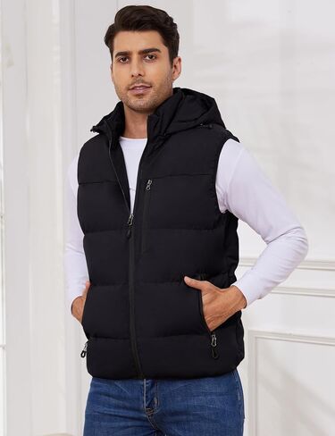 Gihuo Mens Winter Puffer Vest Color Block Hooded Sleeveless Quilted Jacket Zip Up Padded Coats Outerwear in Kuwait