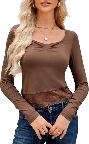 ZAFUL Womens Long Sleeve Crop Top Ruched Sexy Lace Trim Tunic Tees Blouse Basic T Shirts Going Out Layering Tops in Saudi Arabia