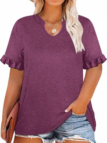 TAKEYAL Plus Size Tops for Women V Neck Ruffle Sleeve T Shirts Trendy Summer Casual Blouse Tees 2024 in Saudi Arabia
