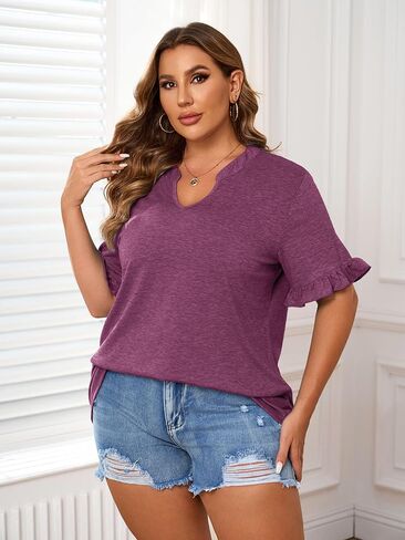 TAKEYAL Plus Size Tops for Women V Neck Ruffle Sleeve T Shirts Trendy Summer Casual Blouse Tees 2024 in Saudi Arabia