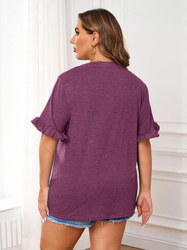 TAKEYAL Plus Size Tops for Women V Neck Ruffle Sleeve T Shirts Trendy Summer Casual Blouse Tees 2024 in Saudi Arabia
