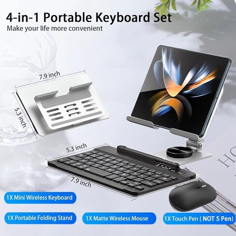 for Samsung Galaxy Z Fold 8 Ultra/Fold8 Wide/7/6/5 Stand and Keyboard Combo | 4-in-1 Portable Set Includes Mouse & Stylus Pen, Aluminum Alloy Foldable Desk Phone Stand, 7.9" Mini Bluetooth Keyboard in Kuwait