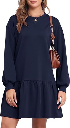 Dokuritu Sweatshirt Dress for Women Crewneck Long Sleeve Ruffled Patchwork Pullover Fall Dress Casual Sport Mini Dress in Saudi Arabia