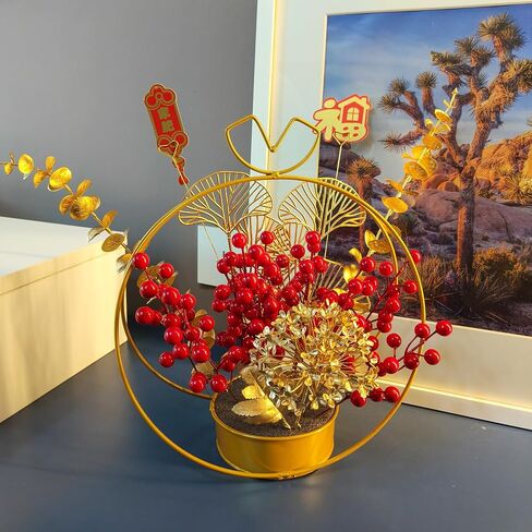 Chinese New Year Table Ornament, Artificial Branches Fortune Lucky Tree, Spring Festival Artificial Red Berry Flower Arrangement for Asian Lunar New Year Desktop Centerpiece in Kuwait