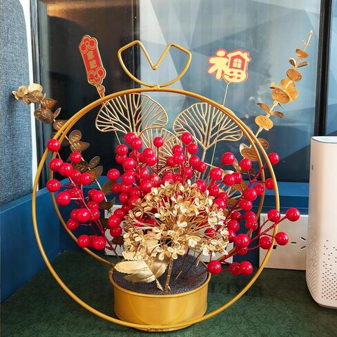 Chinese New Year Table Ornament, Artificial Branches Fortune Lucky Tree, Spring Festival Artificial Red Berry Flower Arrangement for Asian Lunar New Year Desktop Centerpiece in Kuwait