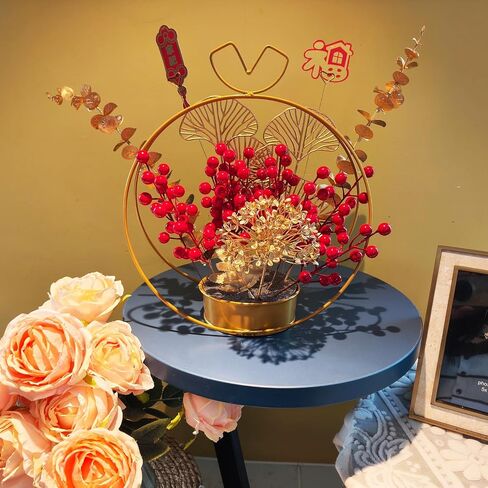 Chinese New Year Table Ornament, Artificial Branches Fortune Lucky Tree, Spring Festival Artificial Red Berry Flower Arrangement for Asian Lunar New Year Desktop Centerpiece in Kuwait