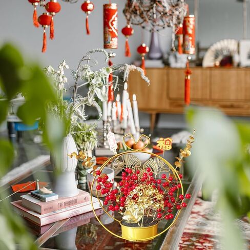 Chinese New Year Table Ornament, Artificial Branches Fortune Lucky Tree, Spring Festival Artificial Red Berry Flower Arrangement for Asian Lunar New Year Desktop Centerpiece in Kuwait