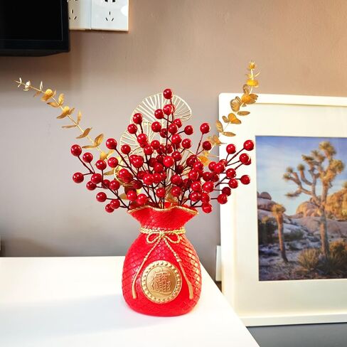 Chinese New Year Table Ornament, Artificial Branches Fortune Lucky Tree, Spring Festival Artificial Red Berry Flower Arrangement for Asian Lunar New Year Desktop Centerpiece in Kuwait