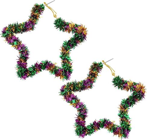 BVGA Mardi Gras Hoop Earrings for Women Oversized Geometric Square Star Purple Green Yellow Tinsel Wrapped Statement Hoop Earrings Jewelry Accessories Gifts for Fat Tuesday Carnival Parade Party in Kuwait
