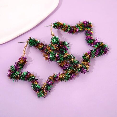 BVGA Mardi Gras Hoop Earrings for Women Oversized Geometric Square Star Purple Green Yellow Tinsel Wrapped Statement Hoop Earrings Jewelry Accessories Gifts for Fat Tuesday Carnival Parade Party in Kuwait