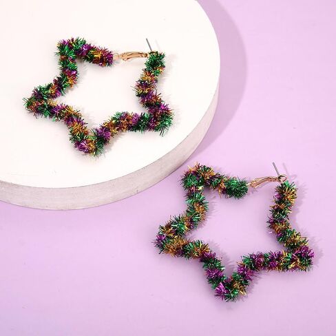 BVGA Mardi Gras Hoop Earrings for Women Oversized Geometric Square Star Purple Green Yellow Tinsel Wrapped Statement Hoop Earrings Jewelry Accessories Gifts for Fat Tuesday Carnival Parade Party in Kuwait