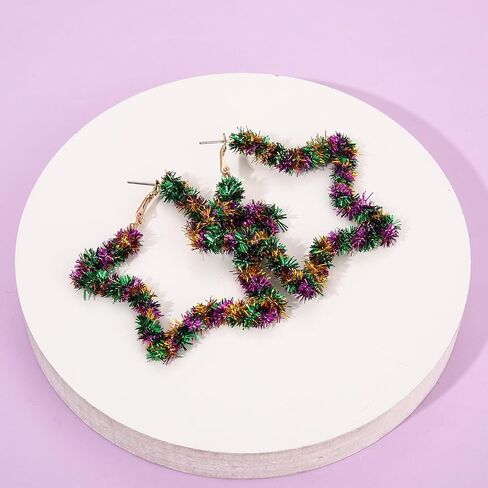 BVGA Mardi Gras Hoop Earrings for Women Oversized Geometric Square Star Purple Green Yellow Tinsel Wrapped Statement Hoop Earrings Jewelry Accessories Gifts for Fat Tuesday Carnival Parade Party in Kuwait