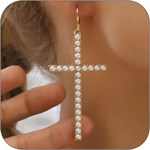 Gold Cross Hoop Earrings for Women Pearl Cross Dangle Earrings Big Cross Earrings Silver Rhinestone Cross Earrings Party Prom Earrings for Women in Saudi Arabia