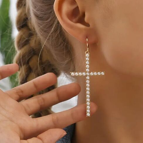 Gold Cross Hoop Earrings for Women Pearl Cross Dangle Earrings Big Cross Earrings Silver Rhinestone Cross Earrings Party Prom Earrings for Women in Saudi Arabia