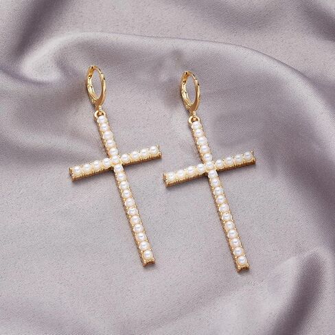 Gold Cross Hoop Earrings for Women Pearl Cross Dangle Earrings Big Cross Earrings Silver Rhinestone Cross Earrings Party Prom Earrings for Women in Saudi Arabia