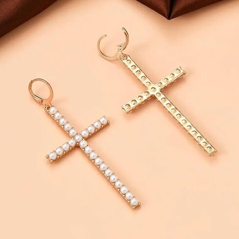 Gold Cross Hoop Earrings for Women Pearl Cross Dangle Earrings Big Cross Earrings Silver Rhinestone Cross Earrings Party Prom Earrings for Women in Saudi Arabia