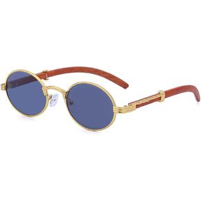 Junsika Retro Oval Sunglasses for Men Women Classic Vintage Imitation Wood Small Round Black Sunglasses
