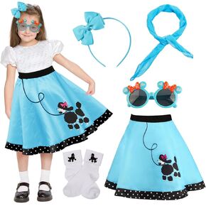 FAYBOX Poodle Skirts 50s Outfit for Girls, 1950s Polka Dot Poodle Skirt Halloween Costume Pink