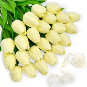 24 Artificial Flowers and Ribbon, Fake Tulips Flowers for Vases, Dining Table Decor, White Artificial Flowers for Table Decor, Home Office Decoration, for Wedding Bouquet, Yellow